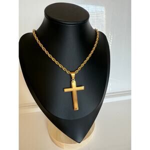 14K Gold-Plated Cross Necklace – Heavy 24″ Rope Chain – Stainless Steel- New